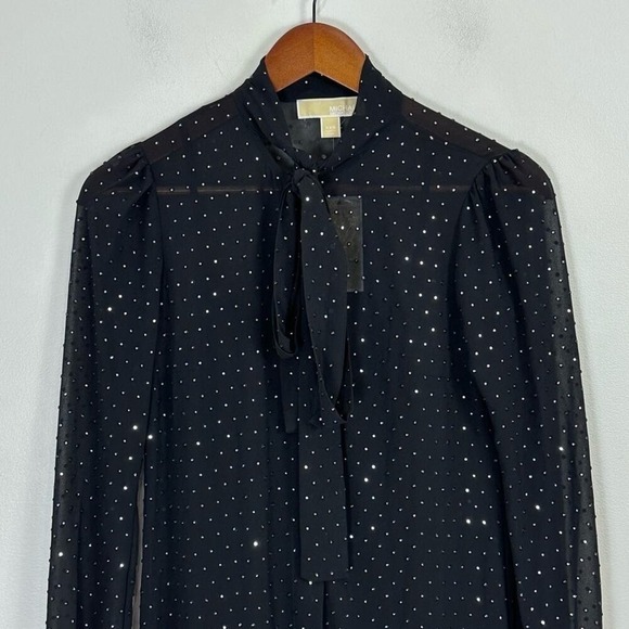Michael Michael Kors Shirt Dress XXS Black Polka Dot Tie Neck Sheer Long Sleeve - Picture 5 of 14